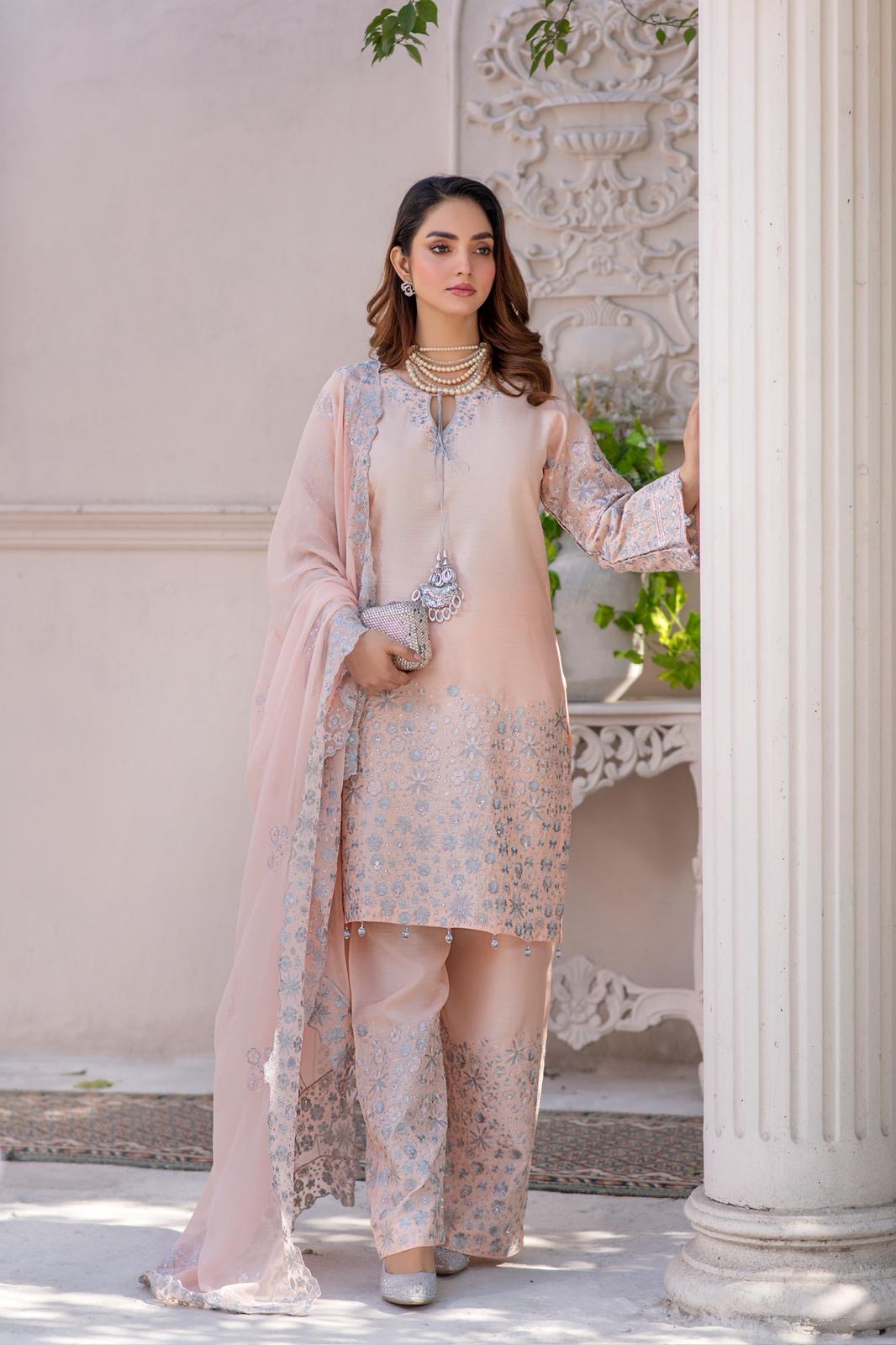 New Festive Luxury Soft Peach Blush Silver Detailed Suit | Festive 2026 Collection- RA175
