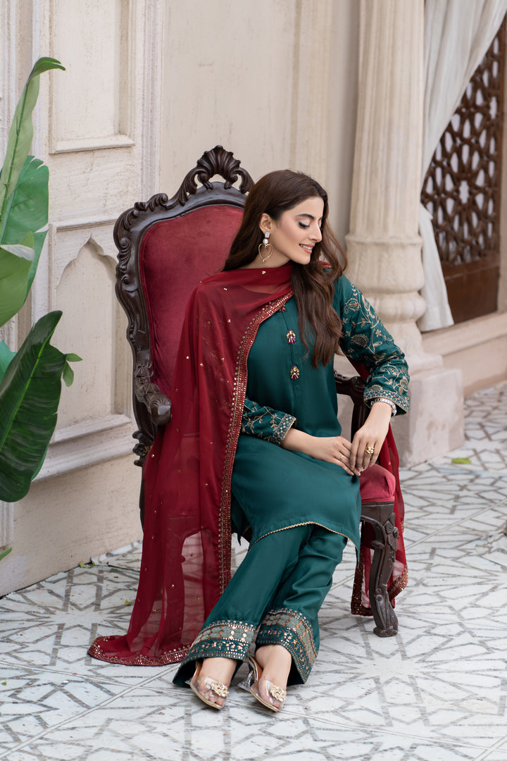 3 Piece Ready To Wear - Embroidered Viscose Suit-- MA121-