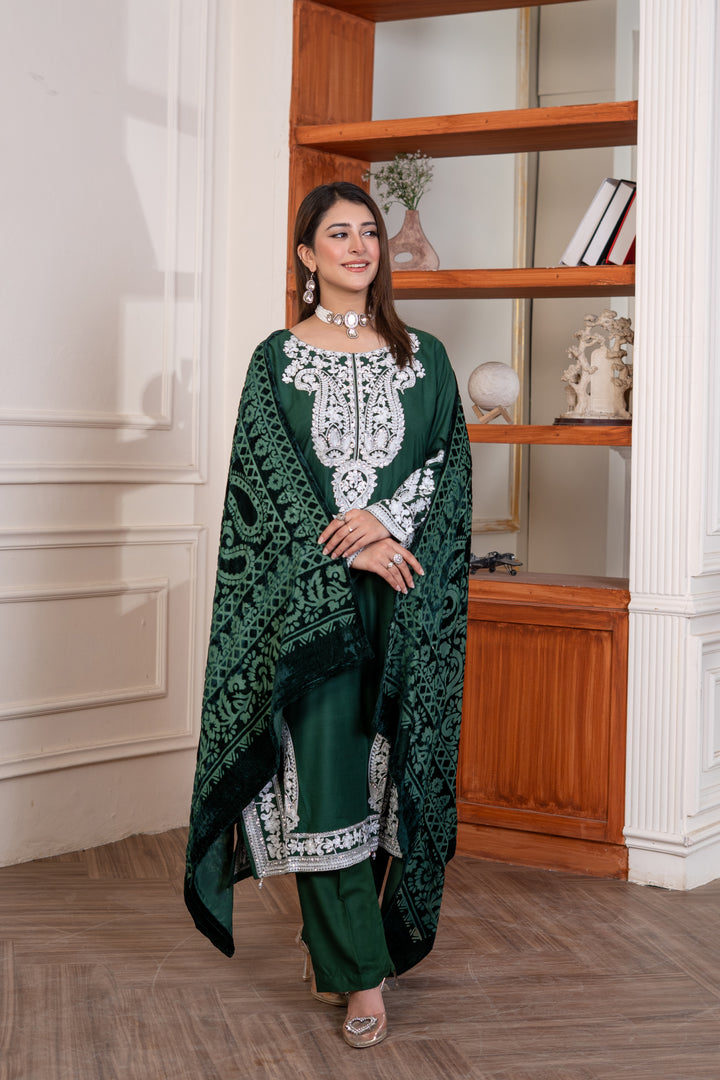 3 Pc Ready To Wear Fully Embroidered Linen Suit With Plachi Shawls - TT-21-