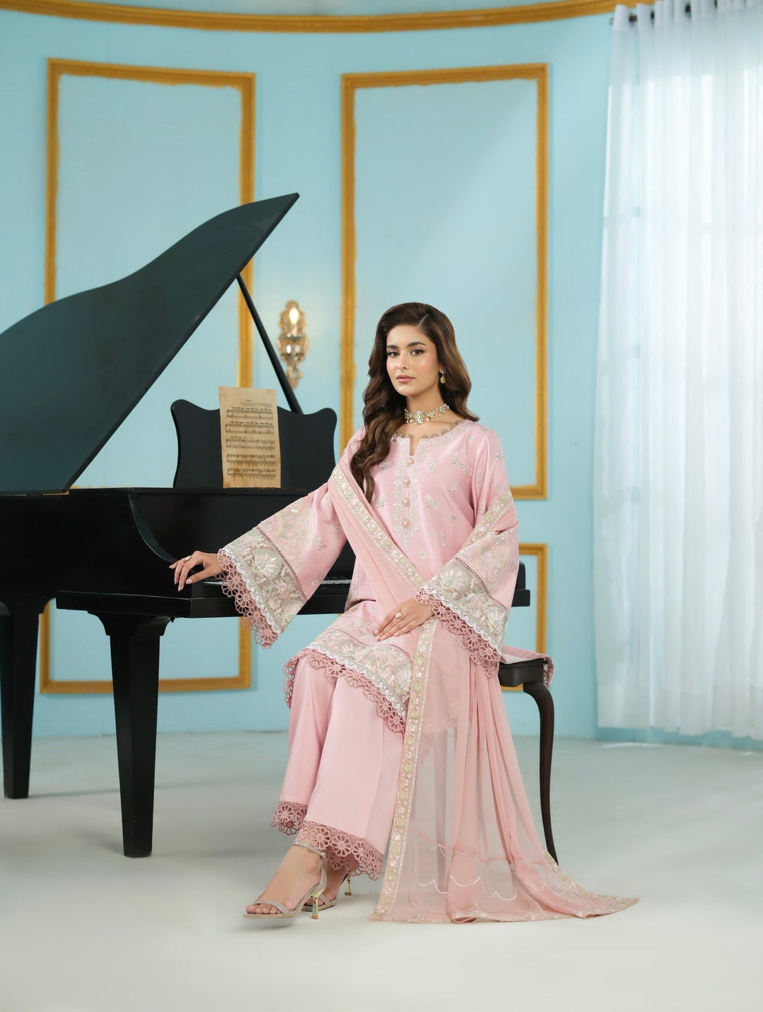 New Branded 3 PC Ready To Wear  Luxury Eid 2026  Collection Embroidered Suit- HE102