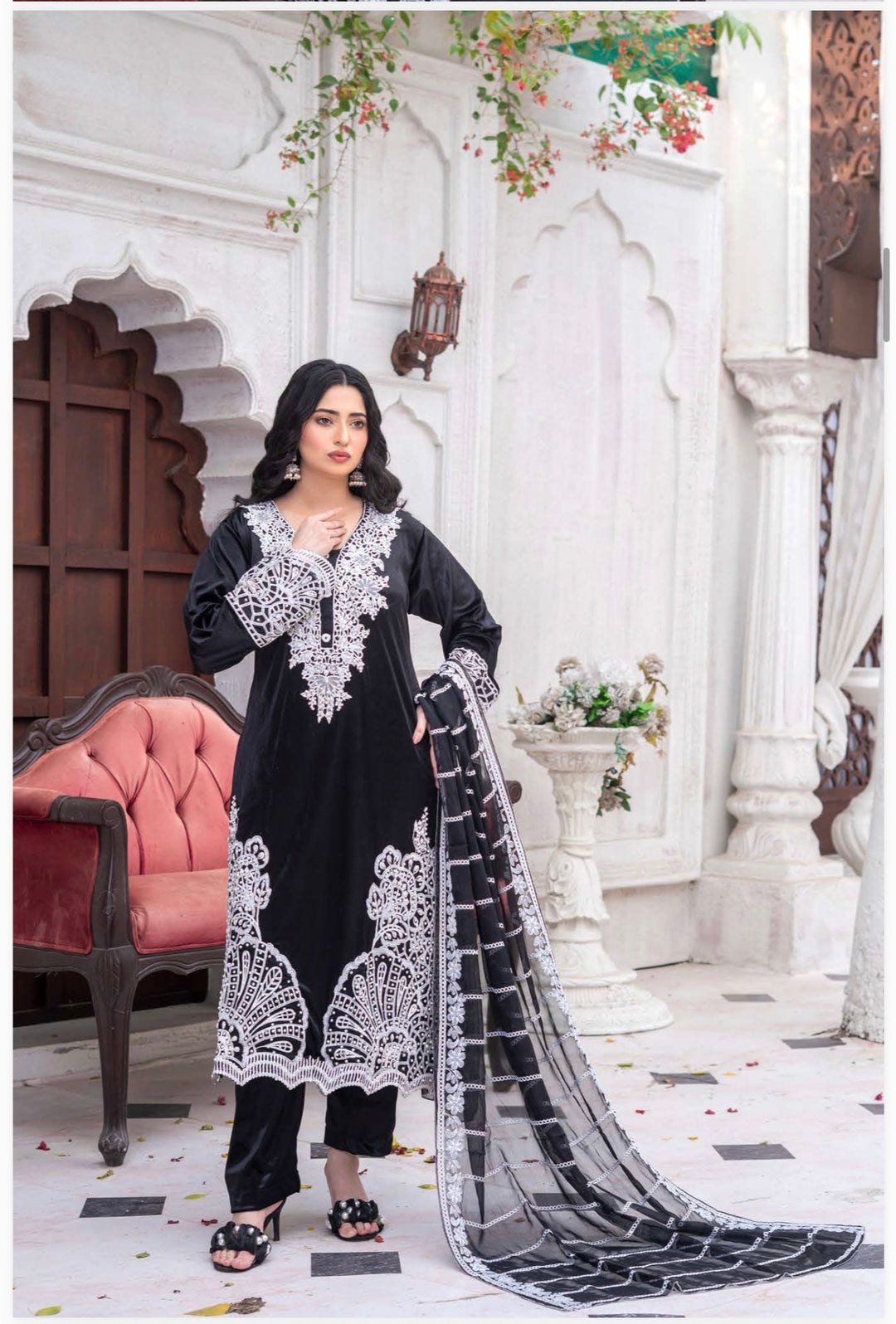3 Pc Ready To Wear Fully Embroidered Valvet   Suit With Chiffon Duppata  - TT-02