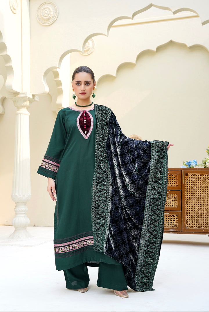 New 3 PC Ready To Wear Dhanak  Embroidered Suit With Valvet Shawl - -AN-12-