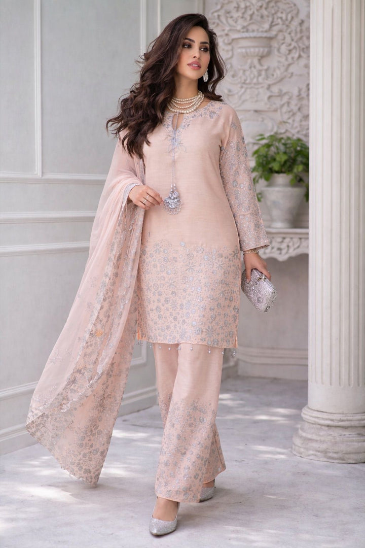 New Festive Luxury Soft Peach Blush Silver Detailed Suit | Festive 2026 Collection- RA175