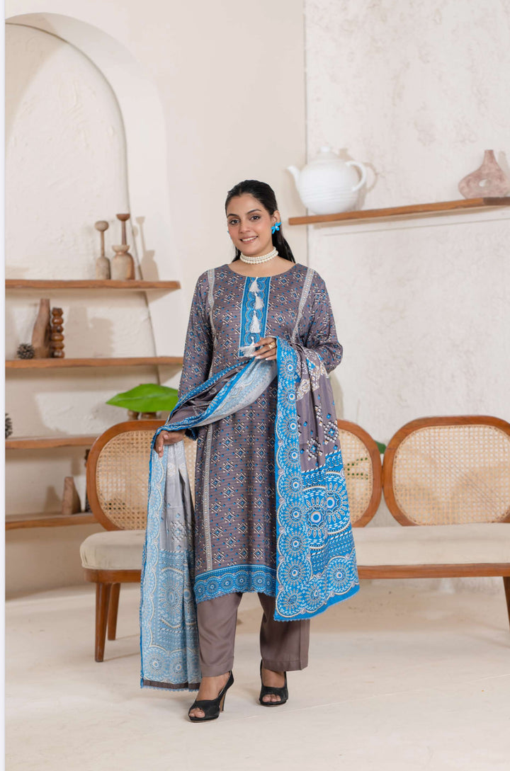 3 Piece Ready To Wear - Printed Linen Suit-- TT-102