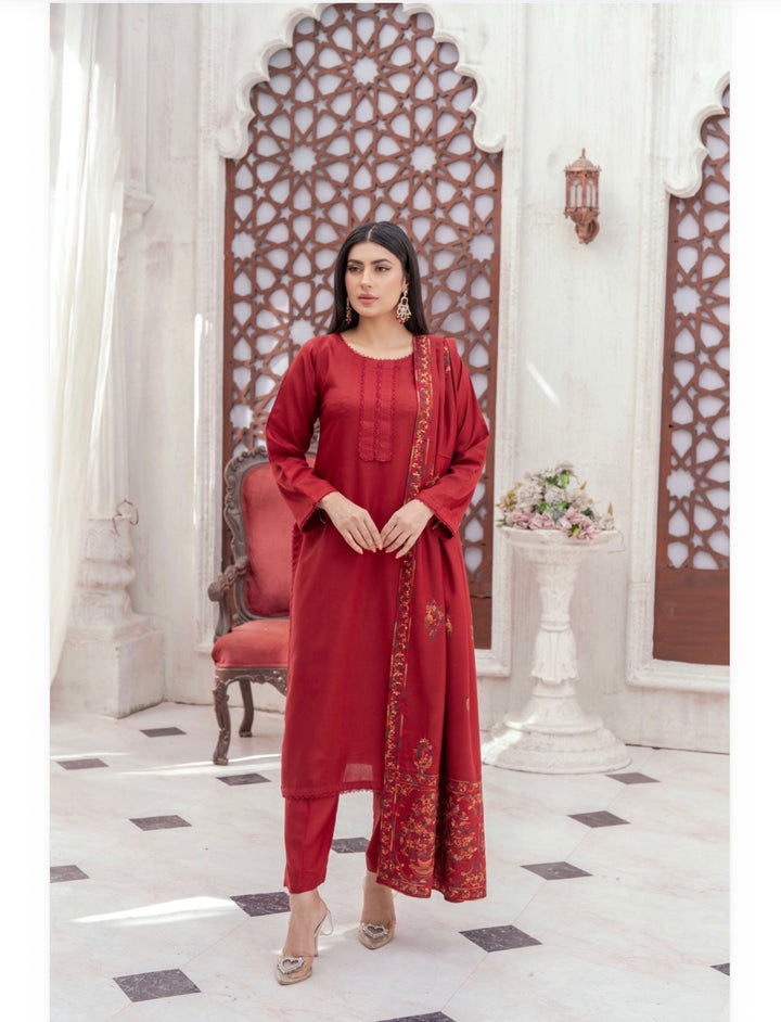 3 Pc Ready To Wear Dhanak  Suit With Full Embroidered Shawl - TT-42-