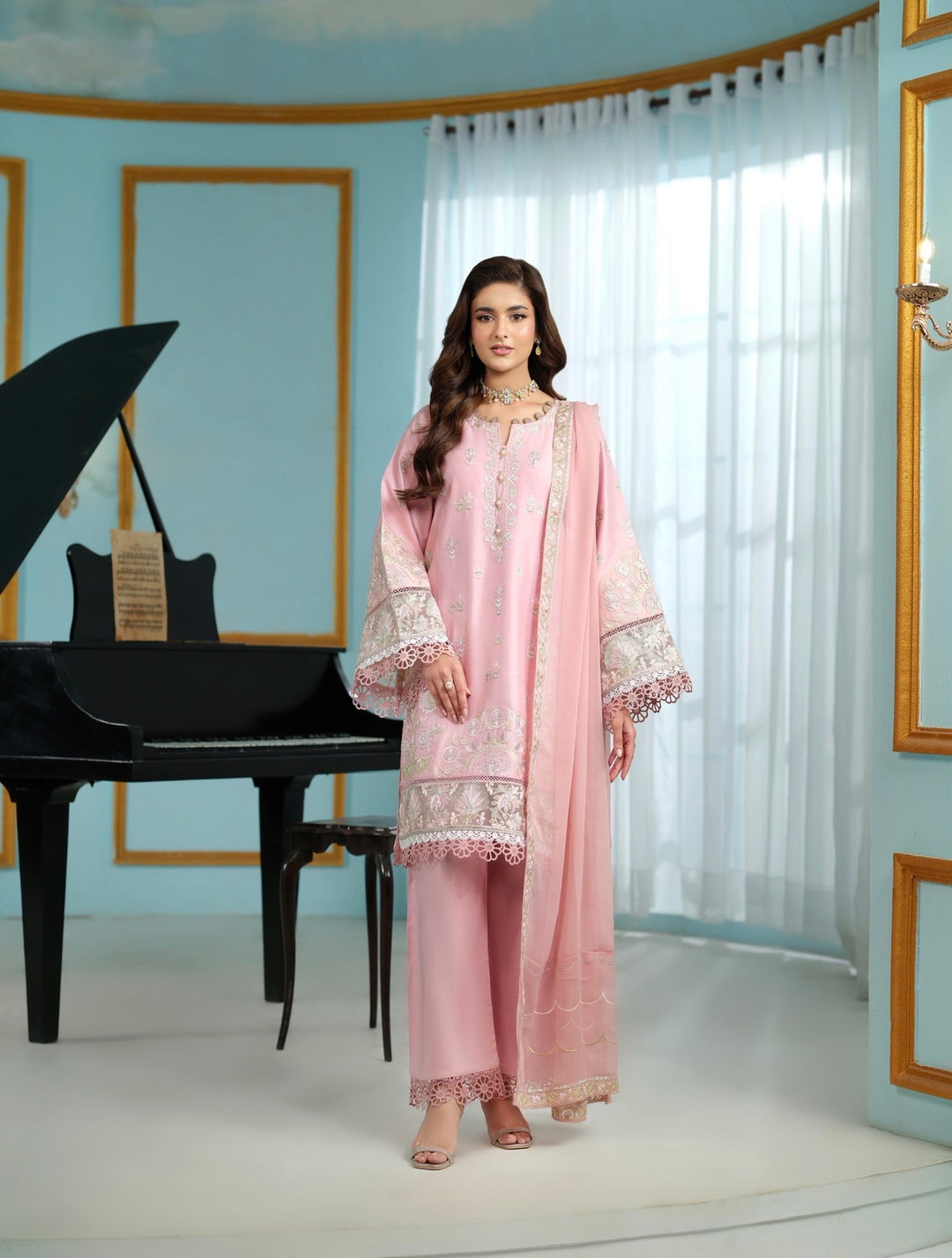 New Branded 3 PC Ready To Wear  Luxury Eid 2026  Collection Embroidered Suit- HE102