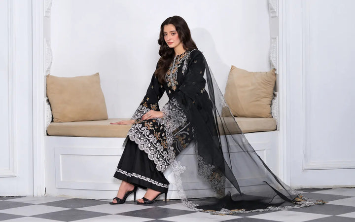 3 Pc Ready To Wear Embroidered Suit -Black Orchid- HE81-