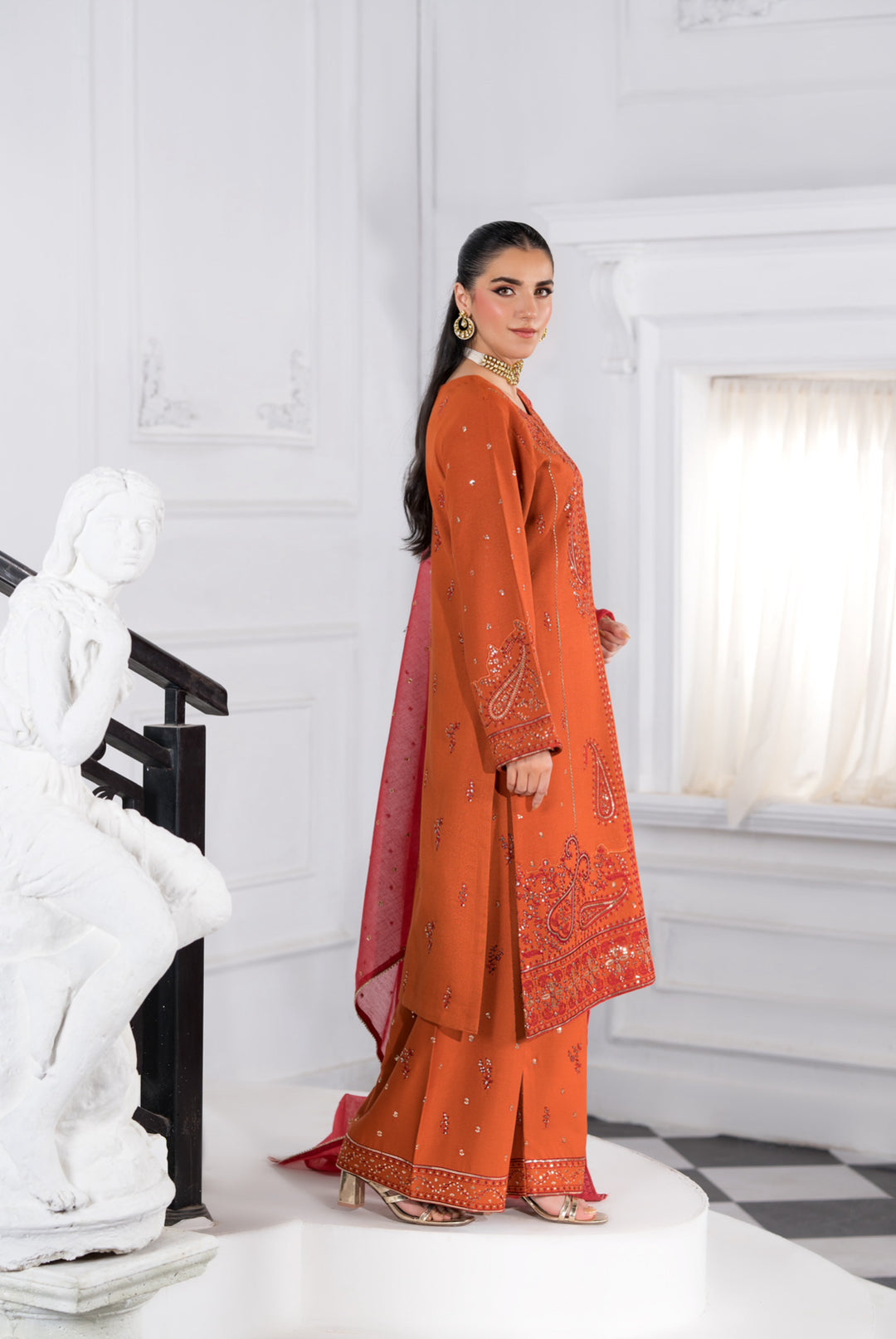 New Branded 3 PC Ready To Wear  Viscose Fully Embroidered Suit- HE148-