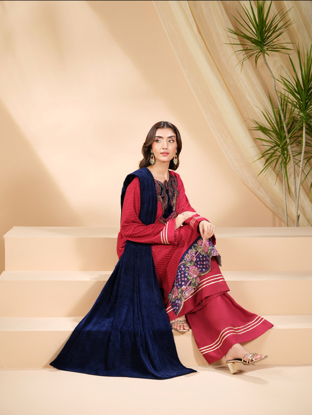 3 Pc Ready To Wear Embroidered  Pashmina Velvet Suit -HE64