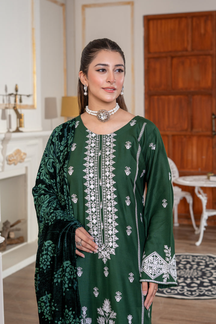 3 Piece Ready To Wear Embroidered Linen Suit With Plachi  Shawl -TT-12-