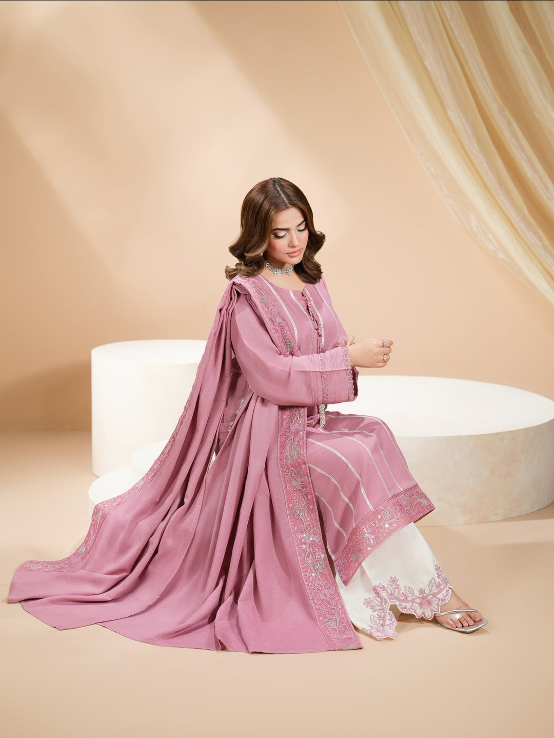 3 Pc Ready To Wear Embroidered Raw Silk Suit -HE15-