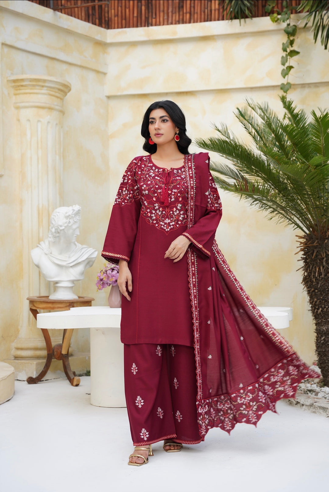 New 3 PC Ready To Wear Dhanak  Embroidered Suit Maroon- -AN-11-