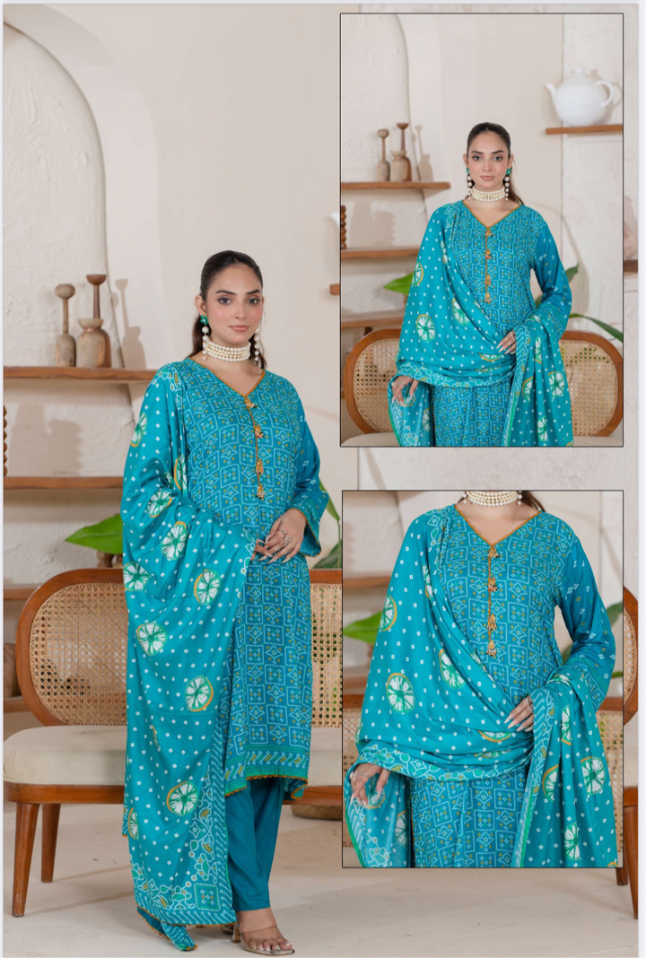 3 Piece Ready To Wear - Printed Linen Suit-- TT-101