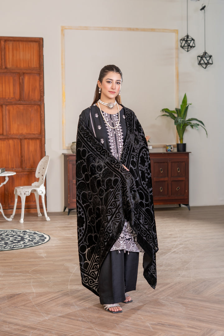 3 Piece Ready To Wear Embroidered Linen Suit With Plachi  Shawl -TT-11-