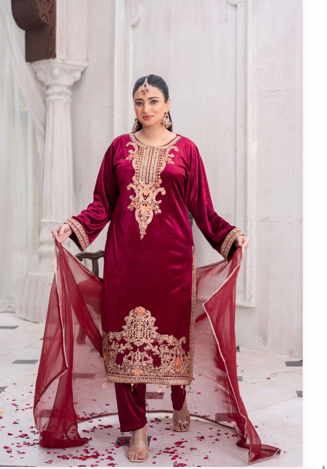 3 Pc Ready To Wear Fully Embroidered Valvet   Suit With Chiffon Duppata  - TT-55-