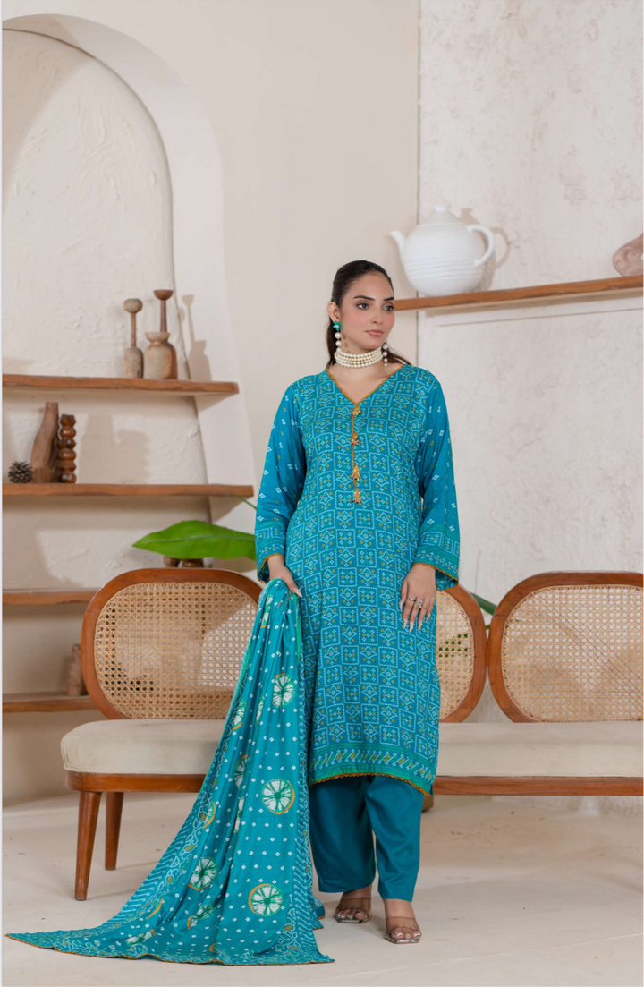 3 Piece Ready To Wear - Printed Linen Suit-- TT-101