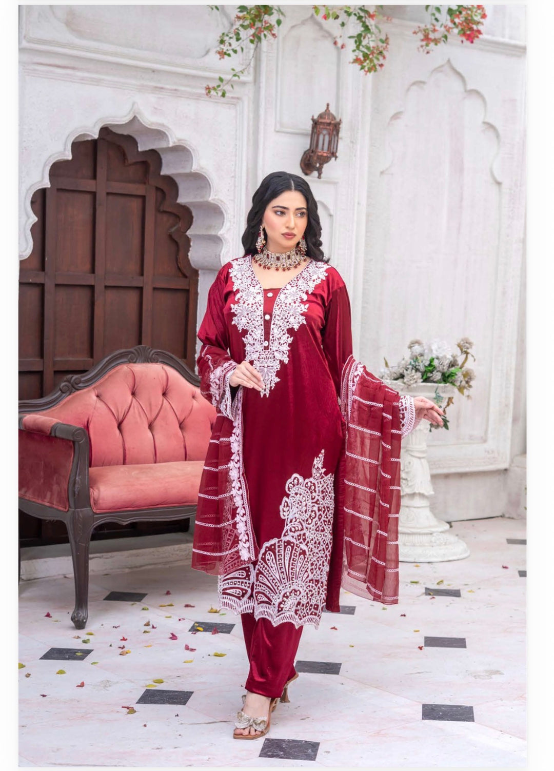 3 Pc Ready To Wear Fully Embroidered Valvet   Suit With Chiffon Duppata  - TT-01-