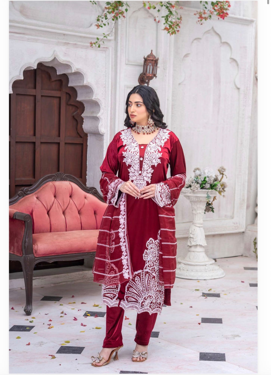 3 Pc Ready To Wear Fully Embroidered Valvet   Suit With Chiffon Duppata  - TT-01-