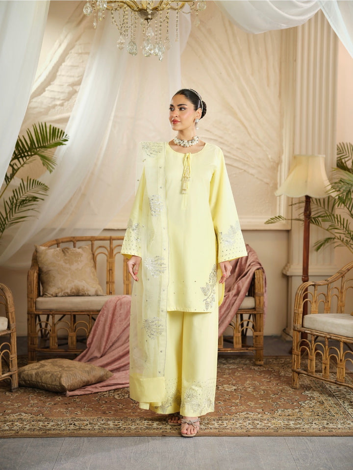 New Branded 3 PC Ready To Wear  Cambric Cotton Embroidered Suit- HE10