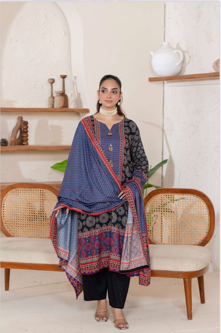 3 Piece Ready To Wear - Printed Linen Suit-- TT-105-