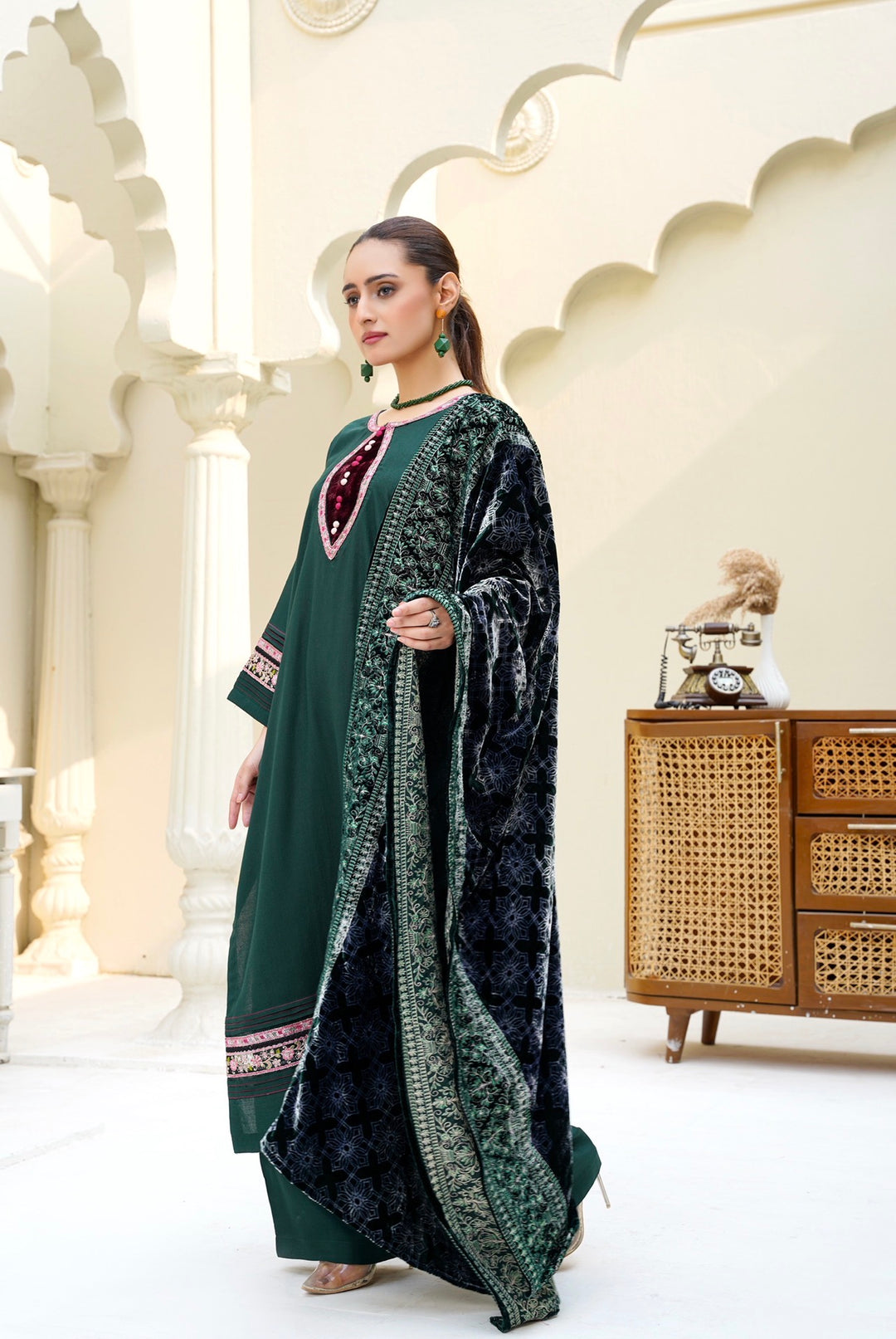 New 3 PC Ready To Wear Dhanak  Embroidered Suit With Valvet Shawl - -AN-12-