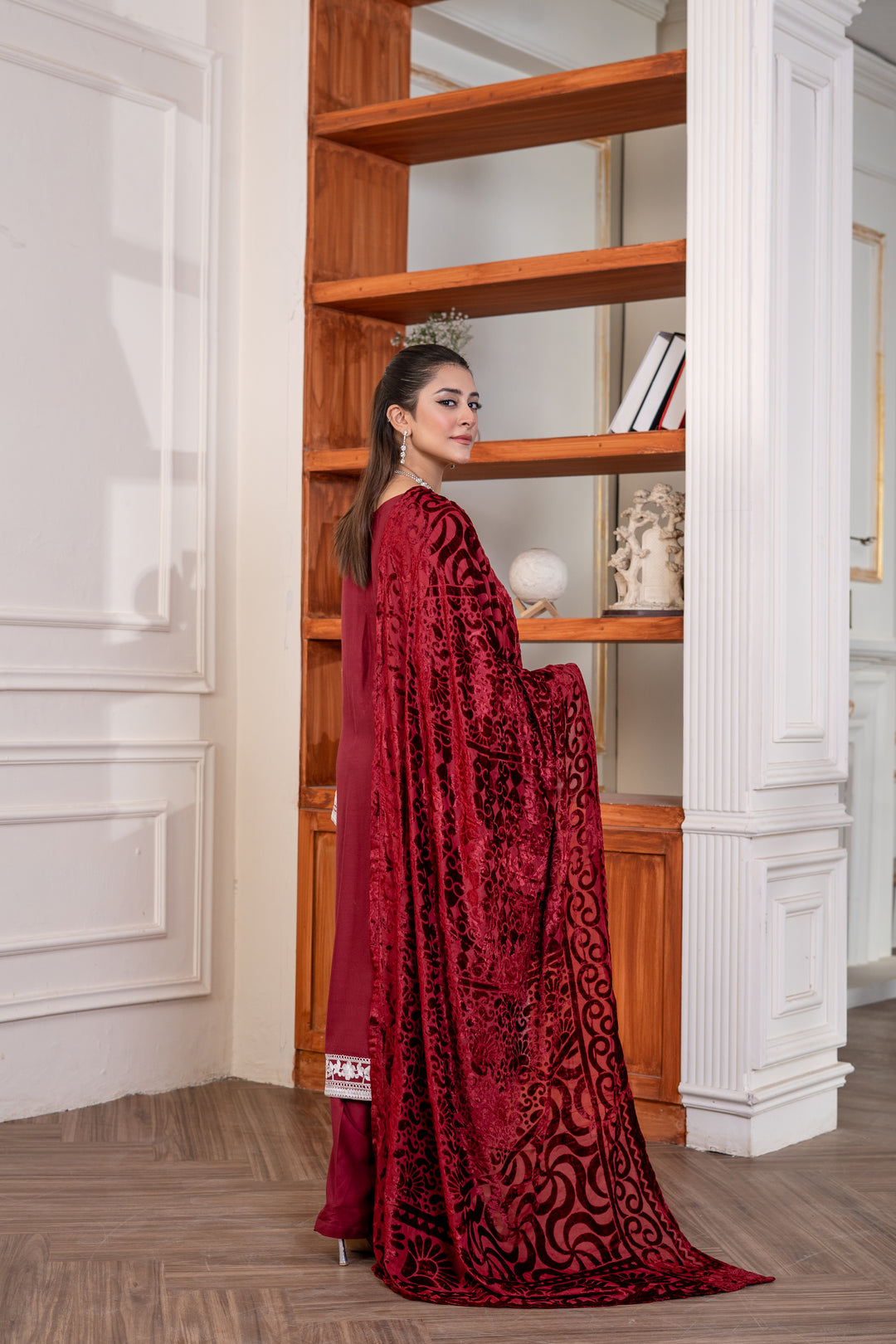 3 Pc Ready To Wear Fully Embroidered Linen Suit With Plachi Shawls - TT-24-