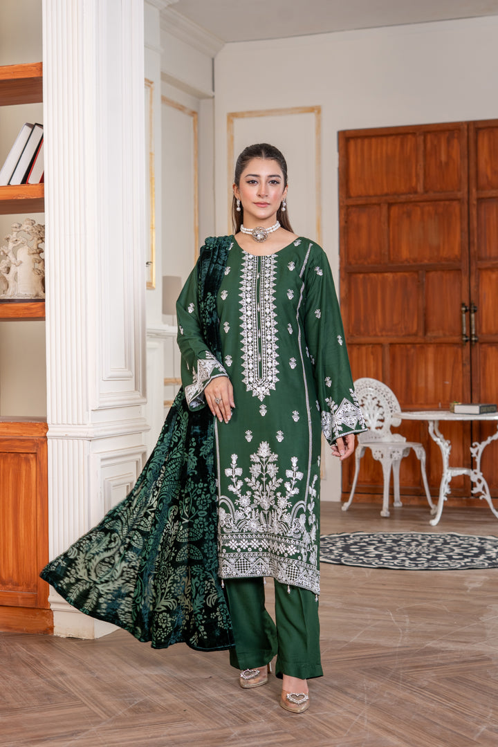 3 Piece Ready To Wear Embroidered Linen Suit With Plachi  Shawl -TT-12-