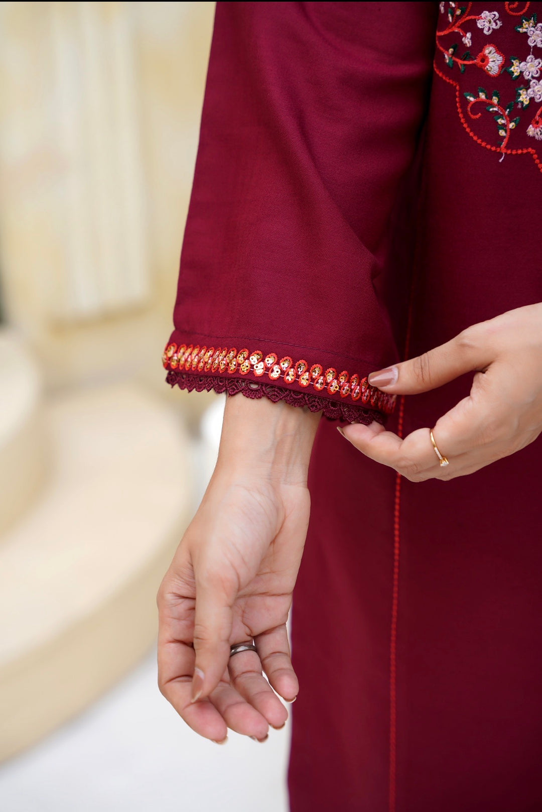 New 3 PC Ready To Wear Dhanak  Embroidered Suit Maroon- -AN-11-