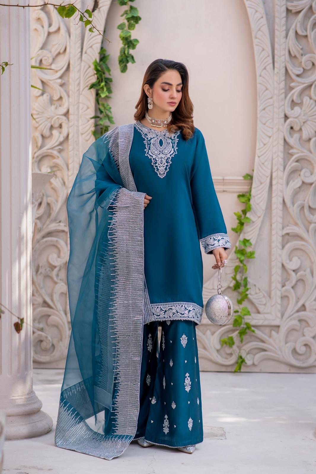 New Festive Teal Blue Luxury Suit- New 2026 Collection - RA174