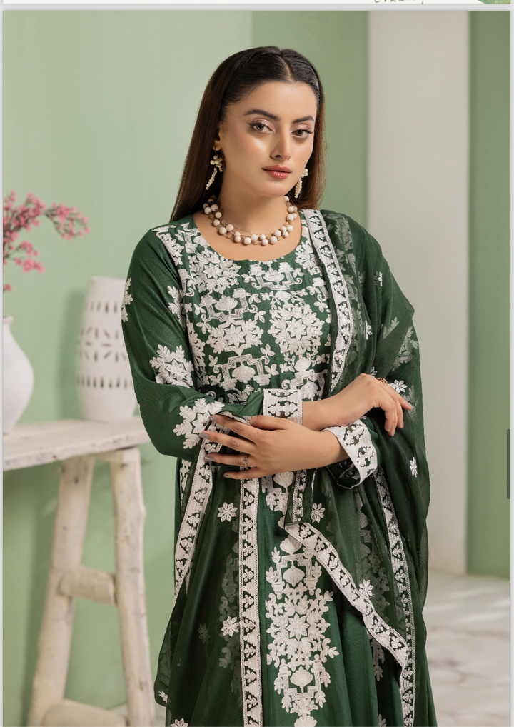 3 Pc Ready To Wear - Full Embroidered Linen Suit - Long frock Concept