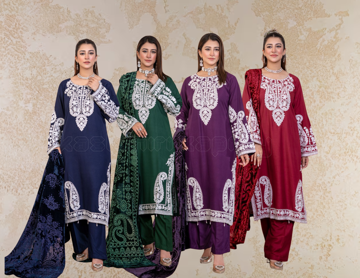 3 Piece Ready To Wear Linen Embroidered Suits With Valvet Shawl -TT-31-