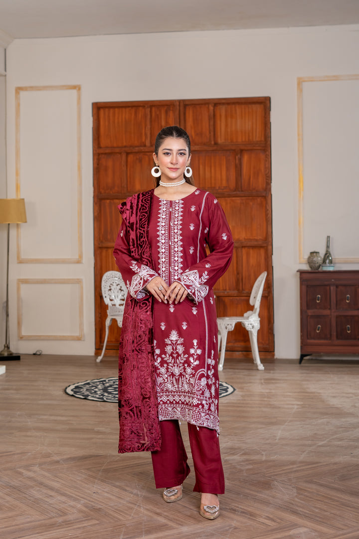 3 Piece Ready To Wear Embroidered Linen Suit With Plachi  Shawl -TT-13-