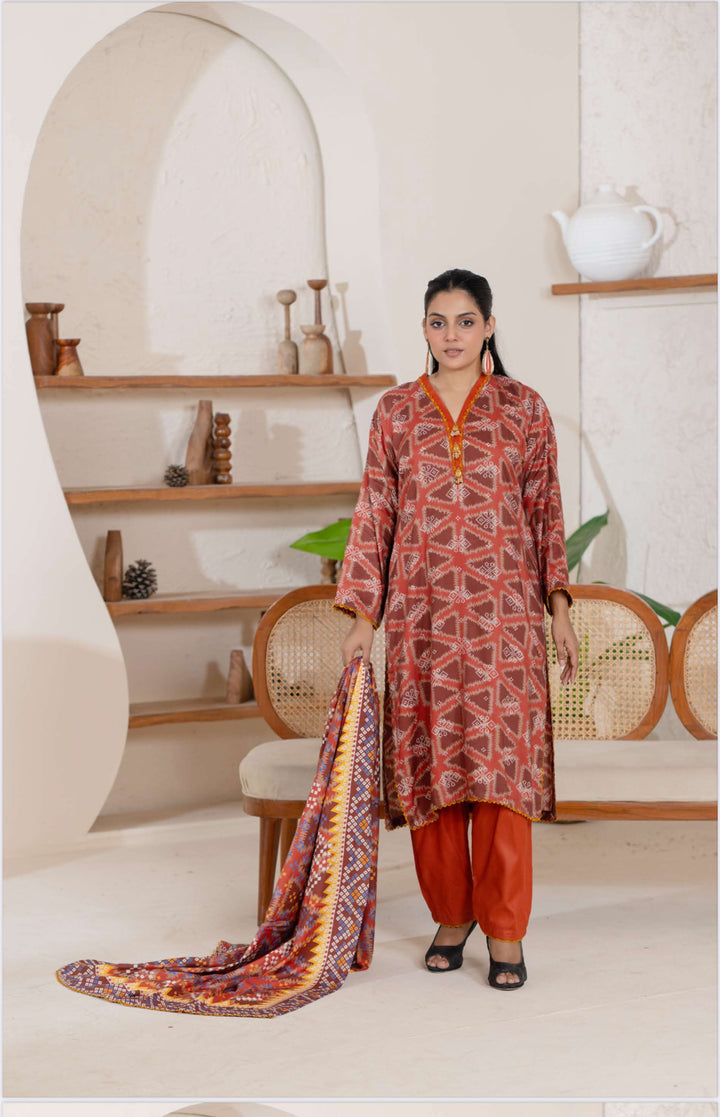 3 Piece Ready To Wear - Printed Linen Suit-- TT-104-