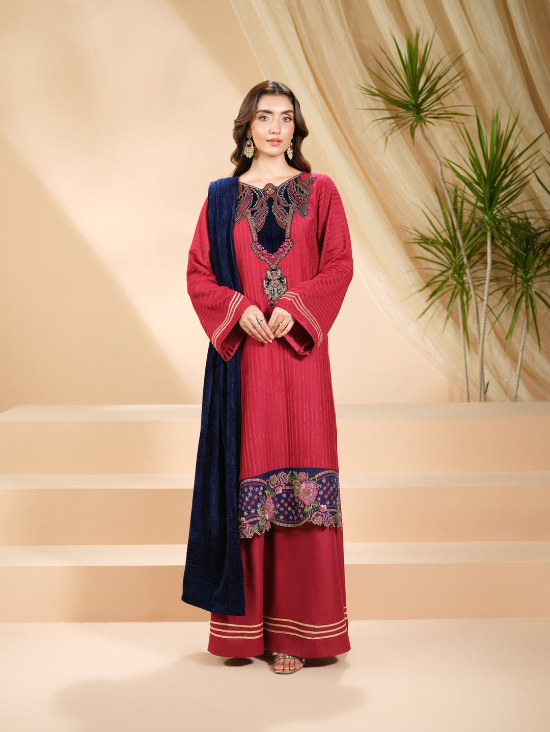 3 Pc Ready To Wear Embroidered  Pashmina Velvet Suit -HE64