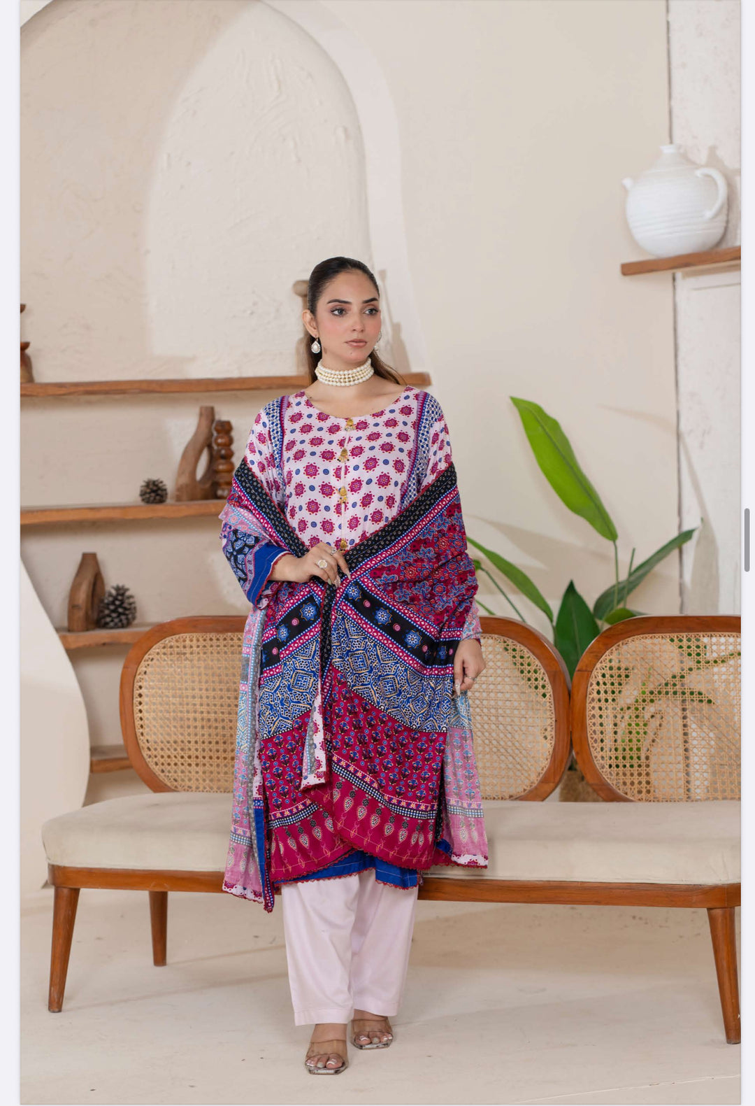 3 Piece Ready To Wear - Printed Linen Suit-- TT-103-
