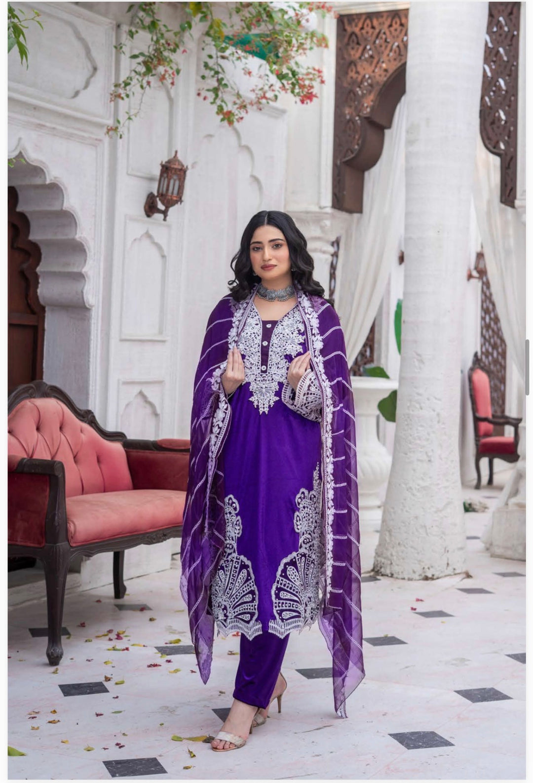 3 Pc Ready To Wear Fully Embroidered Valvet   Suit With Chiffon Duppata  - TT-03-