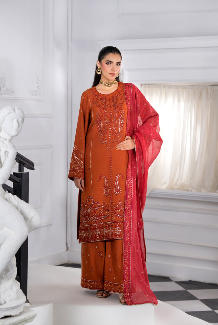 New Branded 3 PC Ready To Wear  Viscose Fully Embroidered Suit- HE148-