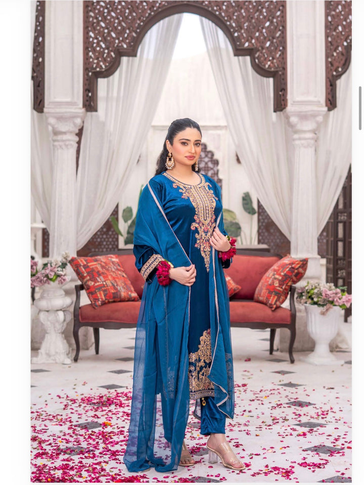 3 Pc Ready To Wear Fully Embroidered  Valvet Suit With Chiffon Dupatta - TT-52