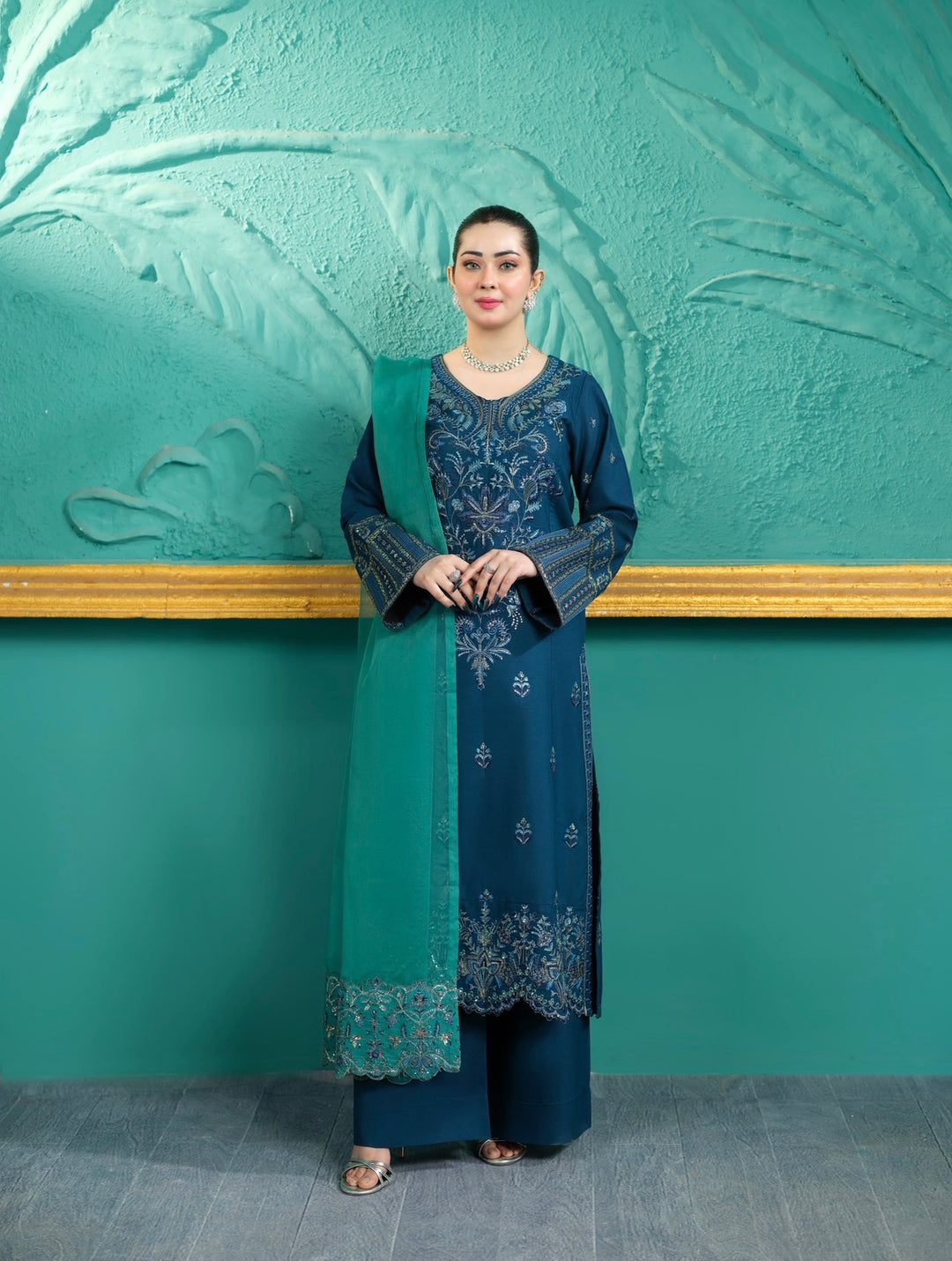 New Branded 3 PC Ready To Wear  Cambric Cotton Embroidered Suit- HE12