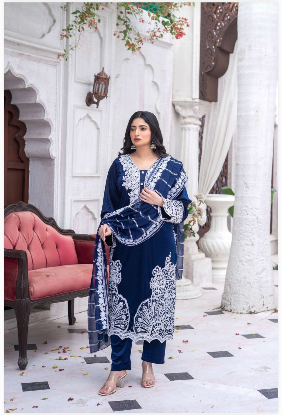 3 Pc Ready To Wear Fully Embroidered Valvet   Suit With Chiffon Duppata  - TT-04-