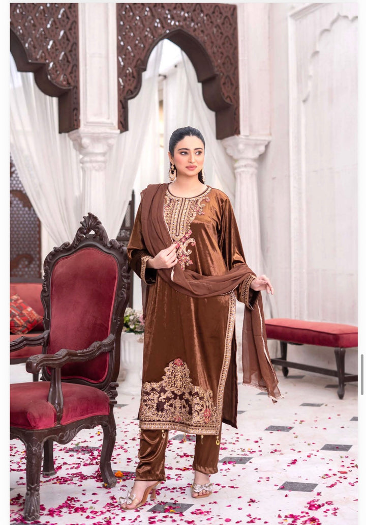 3 Pc Ready To Wear Fully Embroidered  Valvet Suit With Chiffon Dupatta - TT-54-