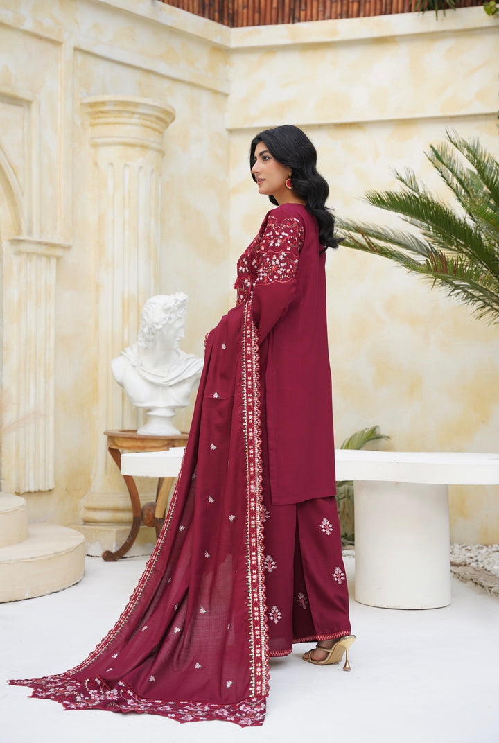 New 3 PC Ready To Wear Dhanak  Embroidered Suit Maroon- -AN-11-