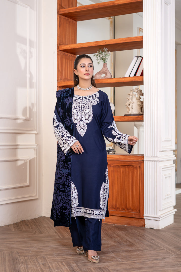 3 Piece Ready To Wear Linen Embroidered Suits With Valvet Shawl -TT-31-
