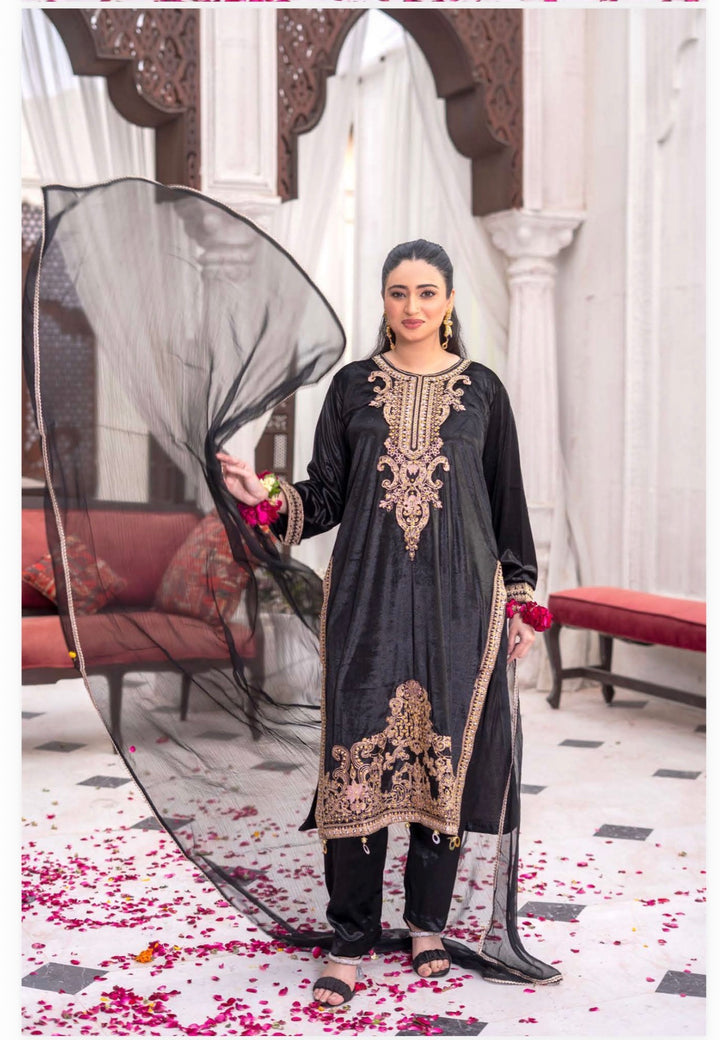 3 Pc Ready To Wear Fully Embroidered  Valvet Suit With Chiffon Dupatta - TT-53