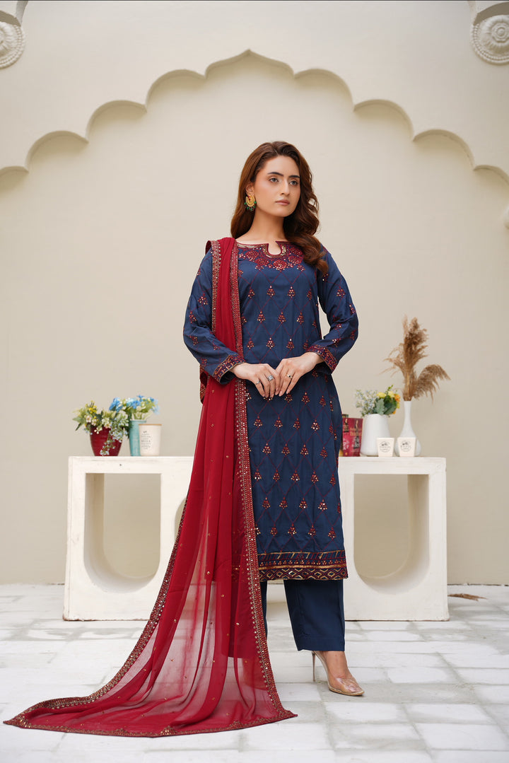 Navy Blue & Maroon 3-Piece Ready-to-Wear Winter Dhanak-Viscose Suit- MA12-