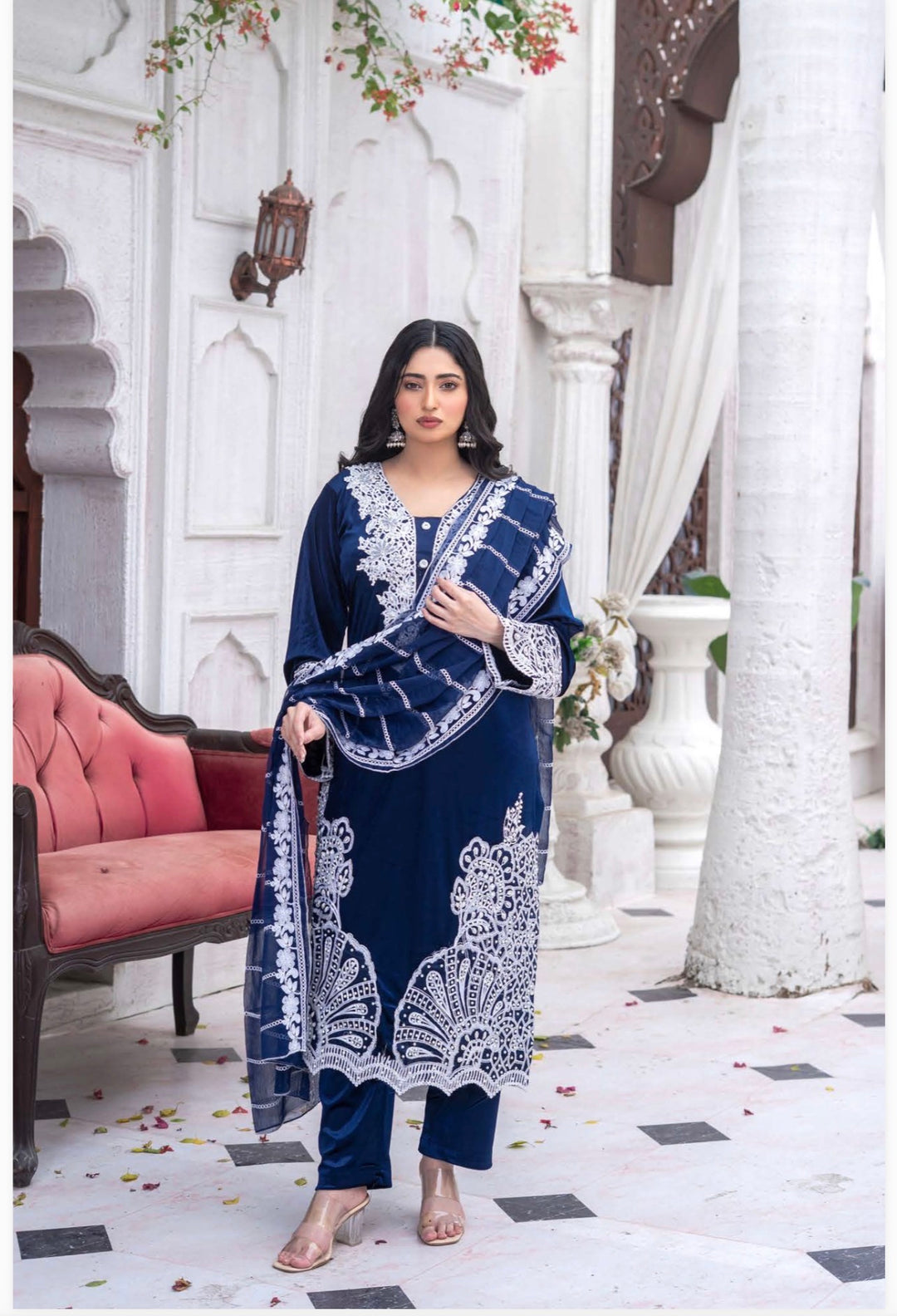 3 Pc Ready To Wear Fully Embroidered Valvet   Suit With Chiffon Duppata  - TT-04-