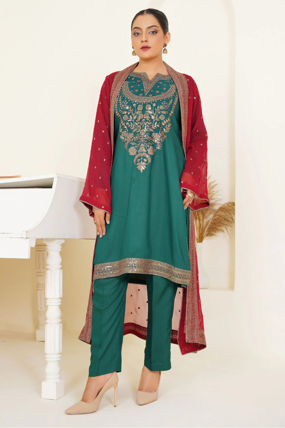 3 Piece heavily seqiun embroidered viscose Suit With Chiffon Gown -MA11