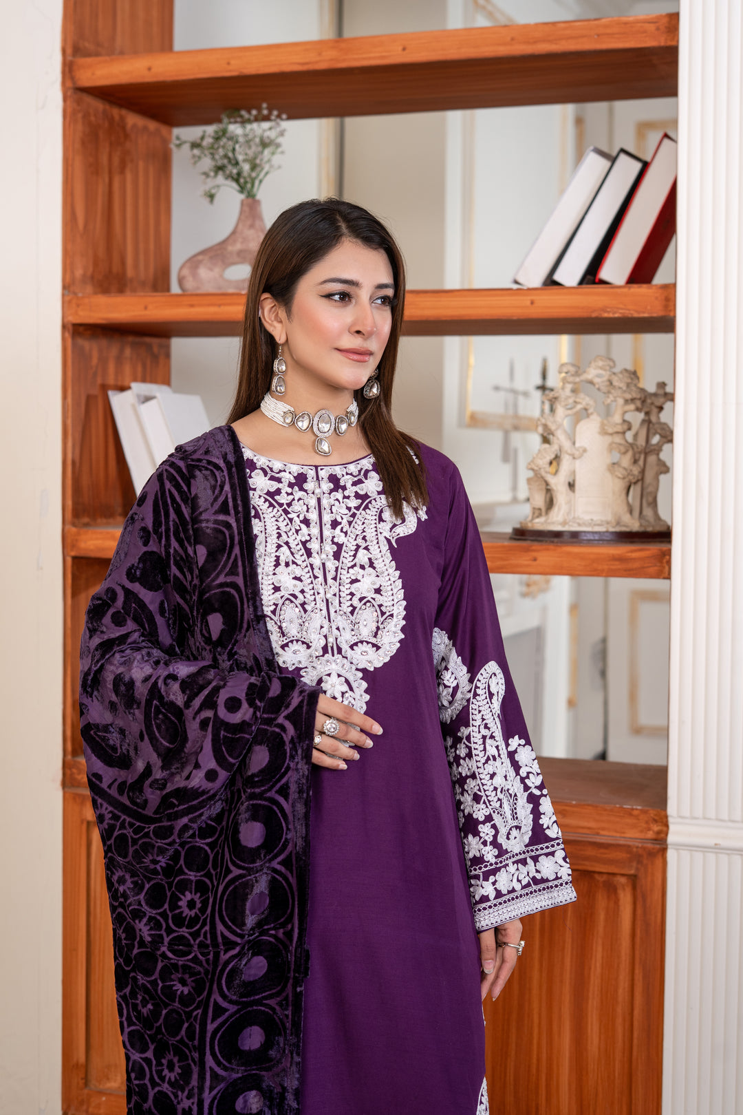 3 Pc Ready To Wear Fully Embroidered Linen Suit With Plachi Shawls - TT-22-