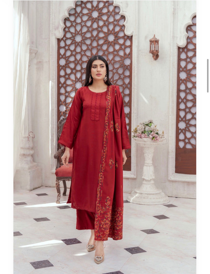 3 Pc Ready To Wear Dhanak  Suit With Full Embroidered Shawl - TT-42-