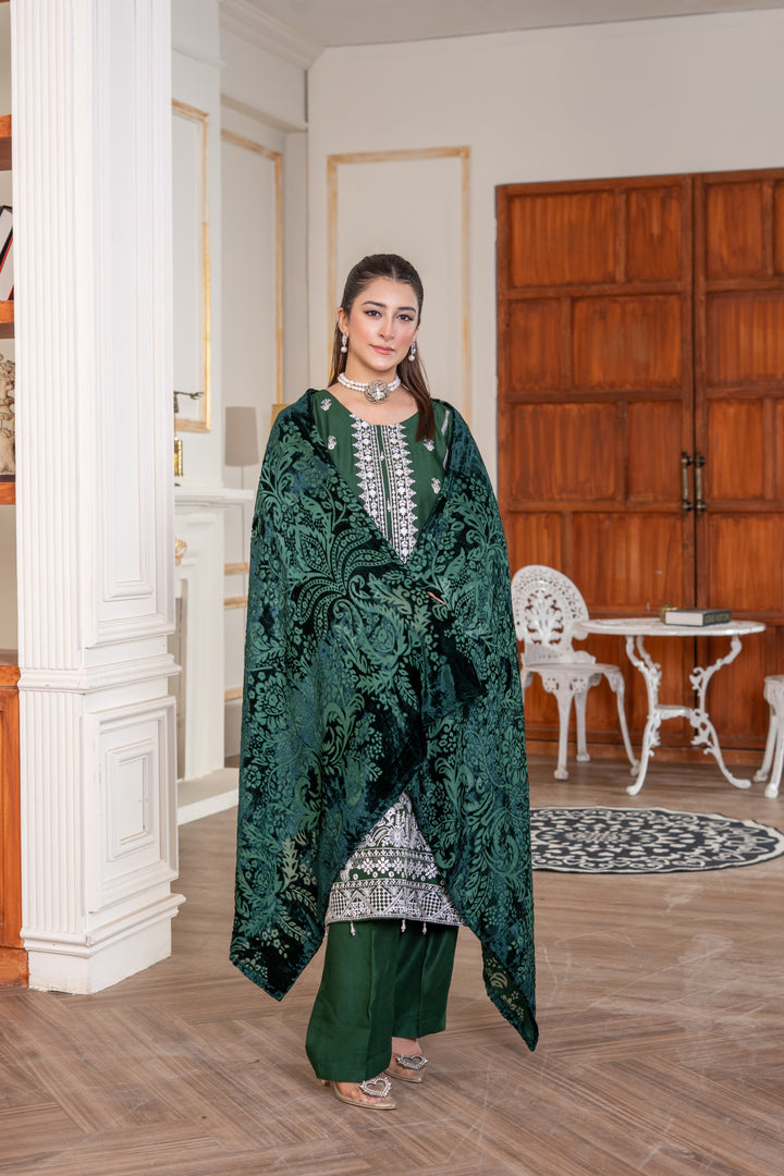 3 Piece Ready To Wear Embroidered Linen Suit With Plachi  Shawl -TT-12-